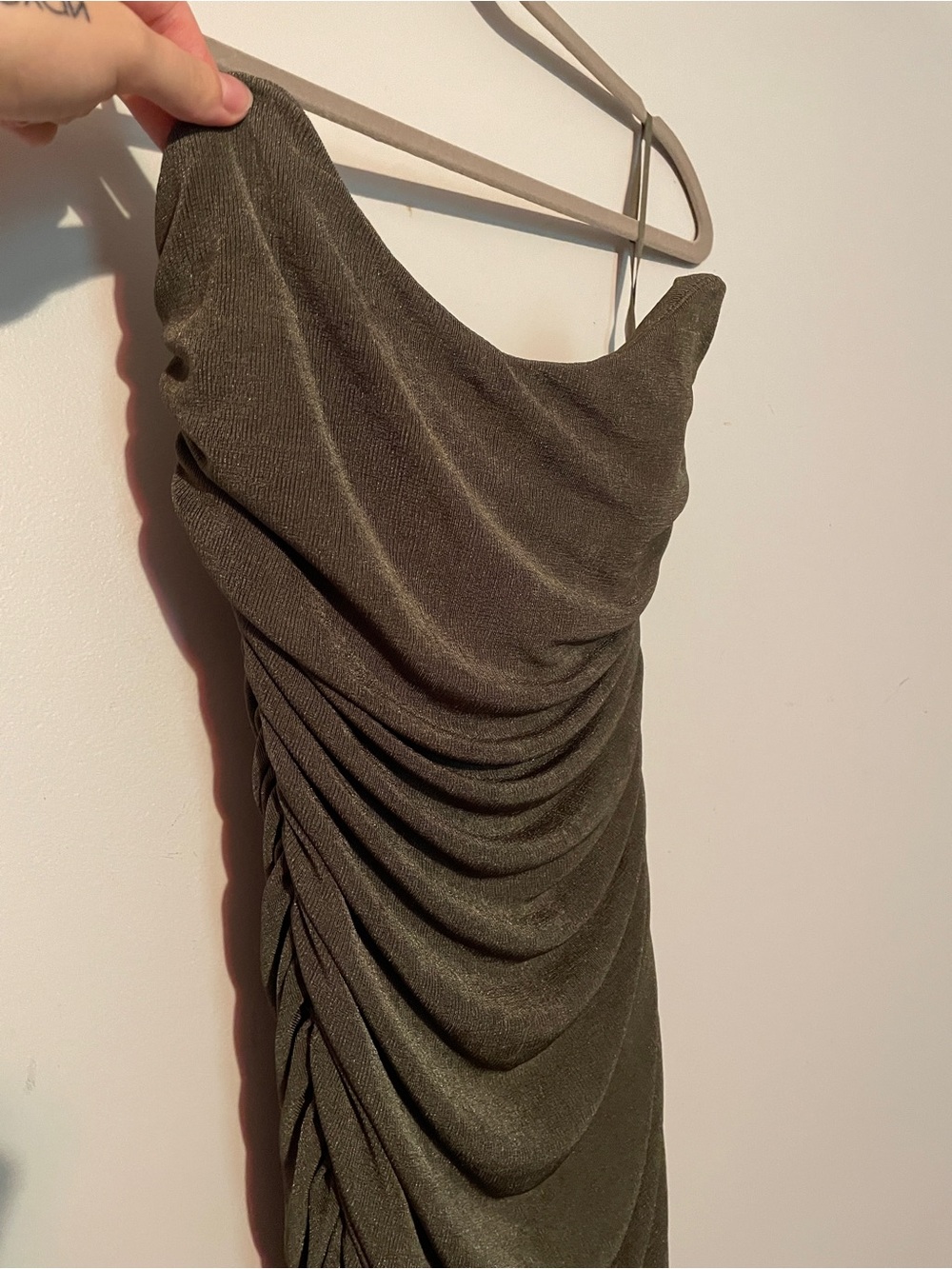 Green metallic sexy strapless Dress in Olive